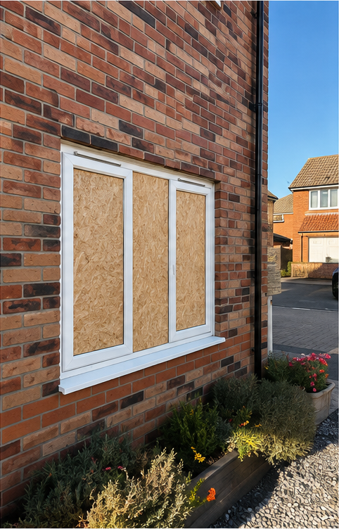 Window secured with OSB boarding