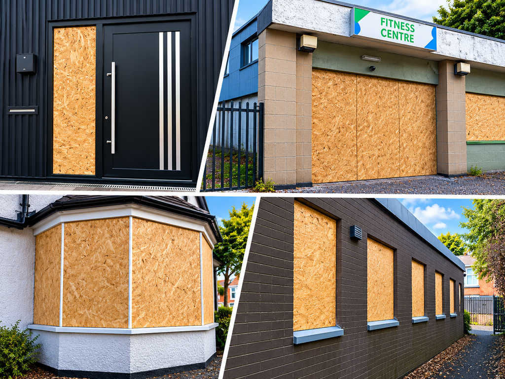 Collection of boarded up windows and doors from Midlands Boarding