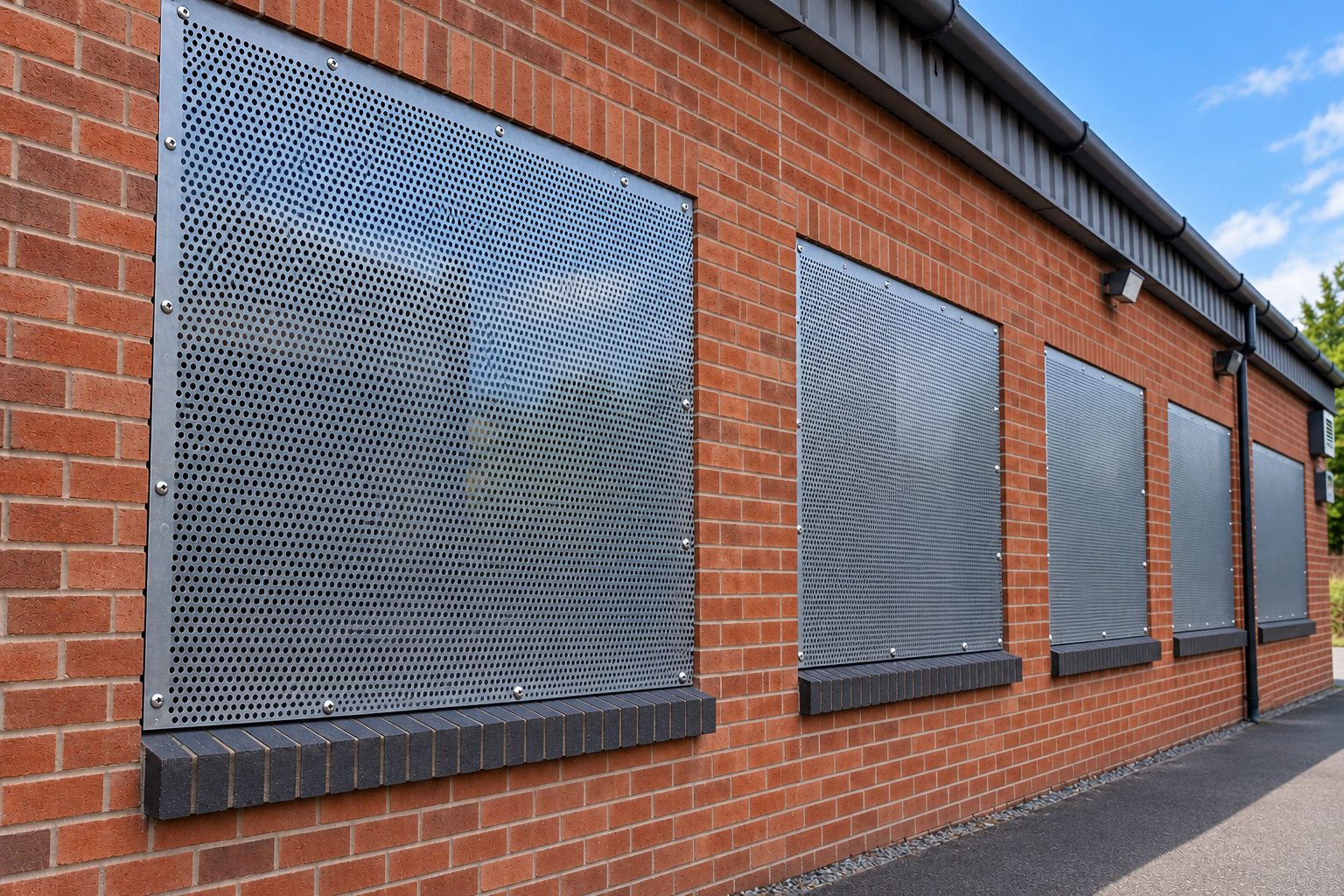 Perforated steel security boarding fitted over windows of a commercial brick building